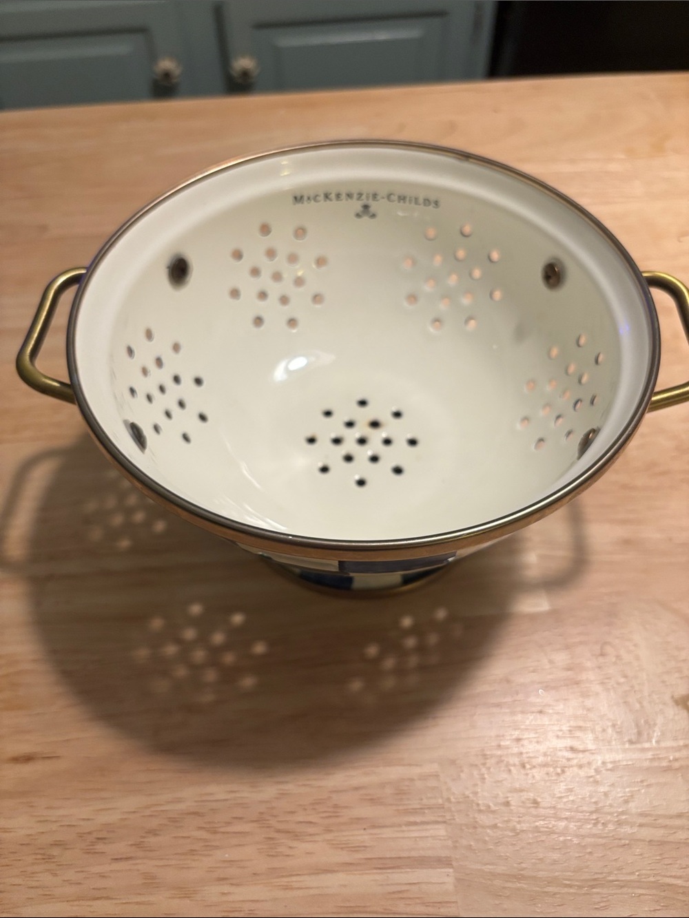 MacKenzie-Childs Royal Check Enamel Colander with Gold Handles. (Small)